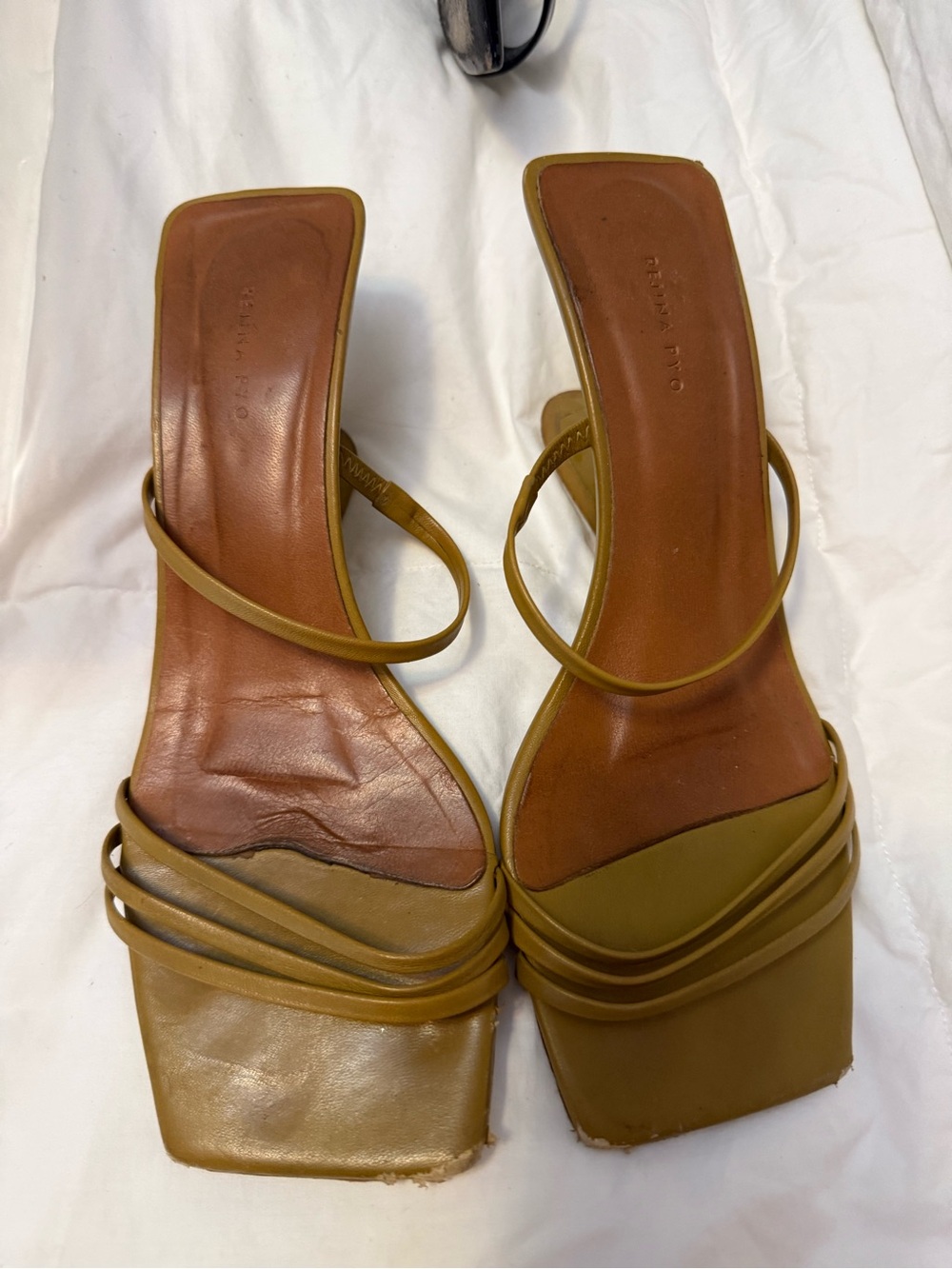 Rejina Pyo Olive-Tan Strappy Square-Toe Slide Heels